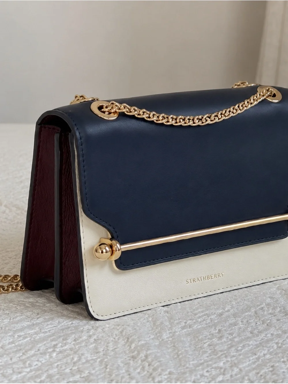Tory Burch Navy and Cream Leather Crossbody with Gold Chain